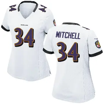 ＃34 Women's Keaton Mitchell White Game Baltimore Ravens Jersey
