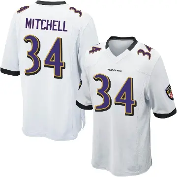 ＃34 Youth Keaton Mitchell White Game Baltimore Ravens Jersey