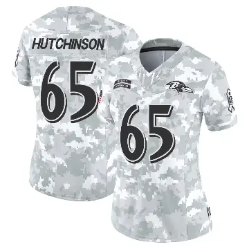 ＃65 Women's Ozzie Hutchinson Arctic Camo Limited Baltimore Ravens 2024 Salute to Service Jersey
