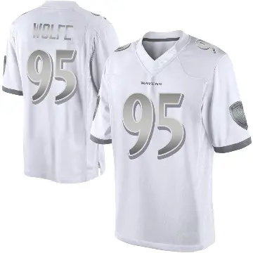 ＃95 Men's Derek Wolfe White Limited Baltimore Ravens Platinum Jersey