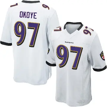 ＃97 Youth CJ Okoye White Game Baltimore Ravens Jersey