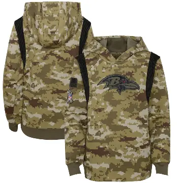 Youth Olive Baltimore Ravens 2021 Salute to Service Therma Performance Pullover Hoodie